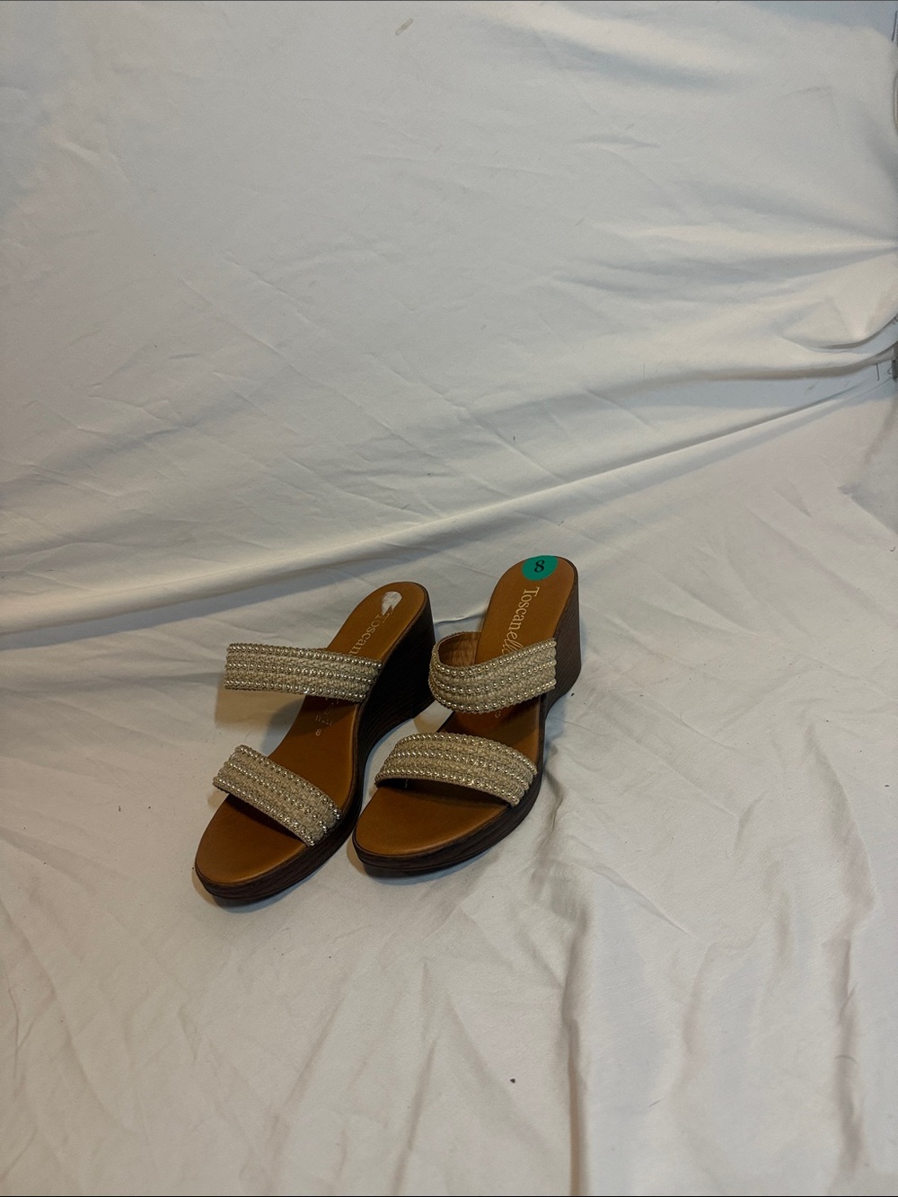 Beaded Double-Strap Wedge Sandals in Tan